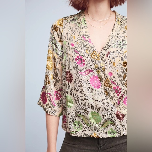 Anthropologie Floreat Japonica Floral Silk Blend Velvet Wrap Blouse Small - Picture 6 of 12